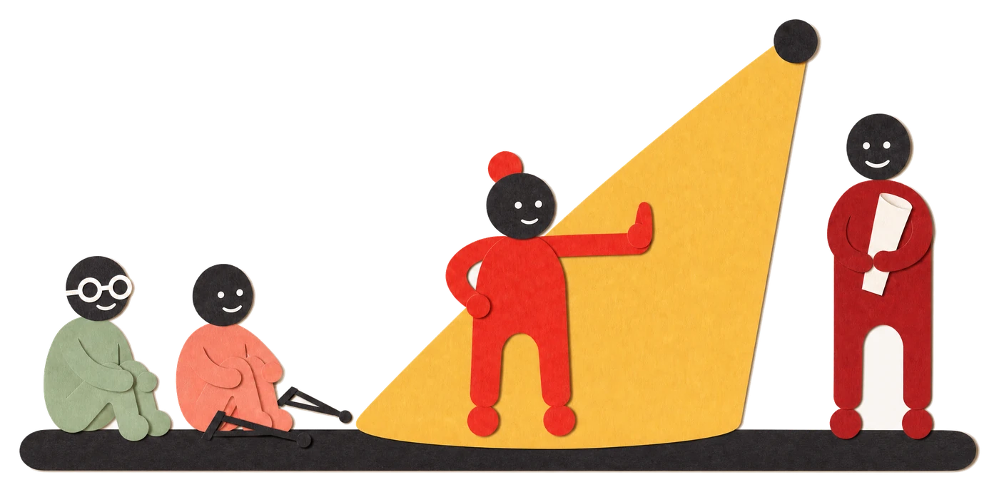 Illustration: Ein Kind steht im Scheinwerferlicht und hält die offene Hand zum Stopp-Zeichen hoch. Zwei Kinder sitzen am Rand und schauen zu, rechts steht die Spielleitung.
