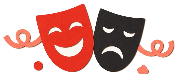 Illustration: Zwei Theatermasken, eine lachend in Rot, eine nachdenklich in Schwarz.