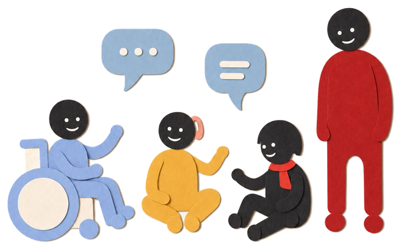 Illustration: Drei Kinder sitzen im Halbkreis und reden miteinander, eines im Rollstuhl. Über ihnen schweben Sprechblasen, daneben steht die Spielleitung.