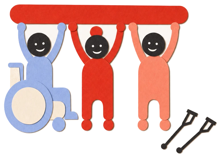 Illustration: Drei Kinder stemmen gemeinsam ein langes rotes Brett über ihre Köpfe, eines im Rollstuhl. Daneben liegen zwei Unterarmstützen.