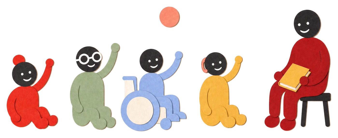 Illustration: Vier Kinder melden sich eifrig. Die Spielleitung sitzt mit einem Buch auf einem Hocker und hört zu.