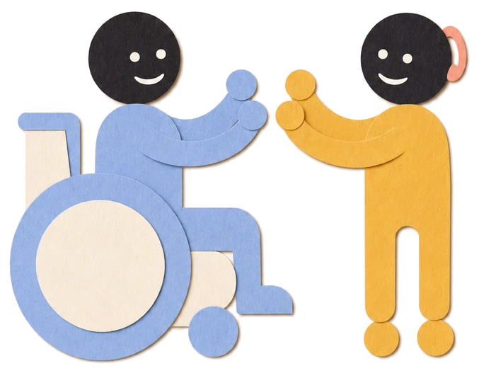 Illustration: Zwei Kinder spielen Spiegel, ihre Hände berühren sich. Eines sitzt im Rollstuhl, eines trägt ein Hörgerät.