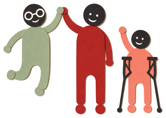 Illustration: Eine Jugendliche mit Brille klatscht mit der Spielleitung ab, ein Kind mit Unterarmstützen jubelt.