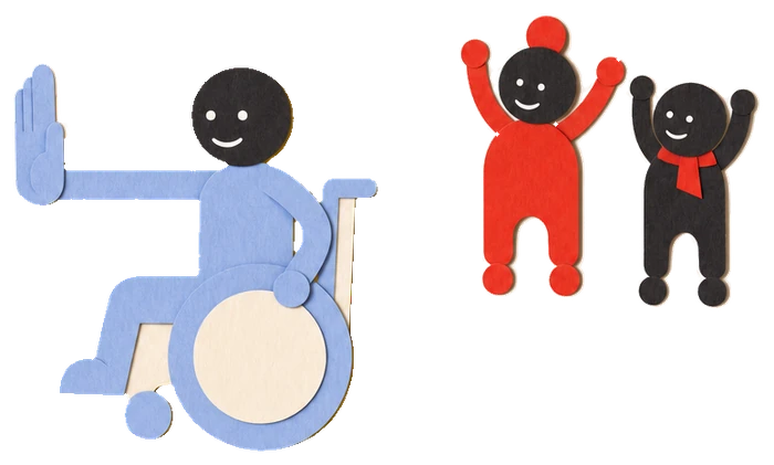 Illustration: Ein Kind im Rollstuhl hält die offene Hand zum Stopp-Zeichen hoch. Zwei Kinder jubeln ihm zu.