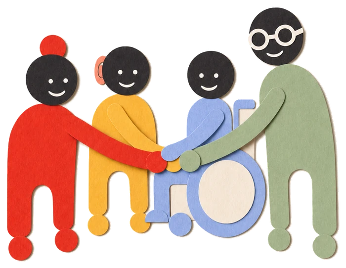 Illustration: Vier Kinder legen ihre Hände in der Mitte zusammen, eines sitzt im Rollstuhl.